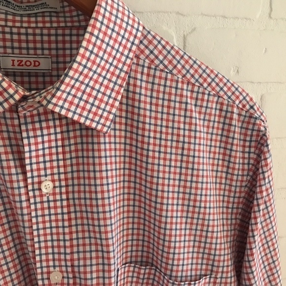 Izod Men’s Button down shirt Plaid Longsleeve Red Navy White Sz 16 1/2 - Picture 3 of 7